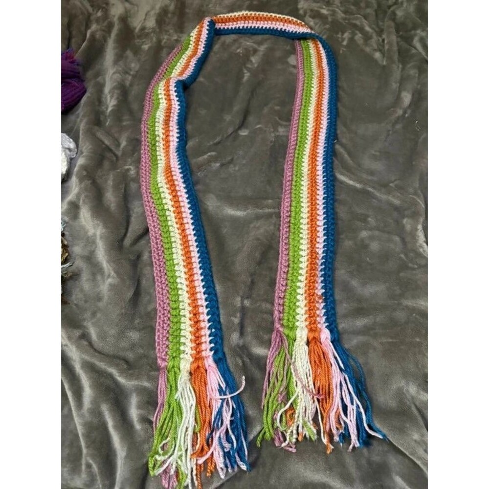 Handmade Crochet Scarf Retro 70s Rainbow Stripe Fringe Boho Grannycore Dopamine